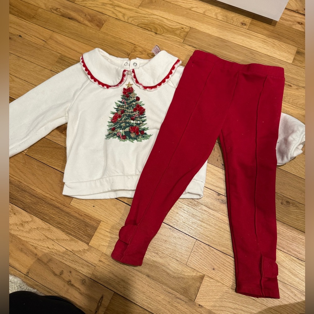 Festive Christmas Tree Sweater and Red Leggings Set girls toddler set